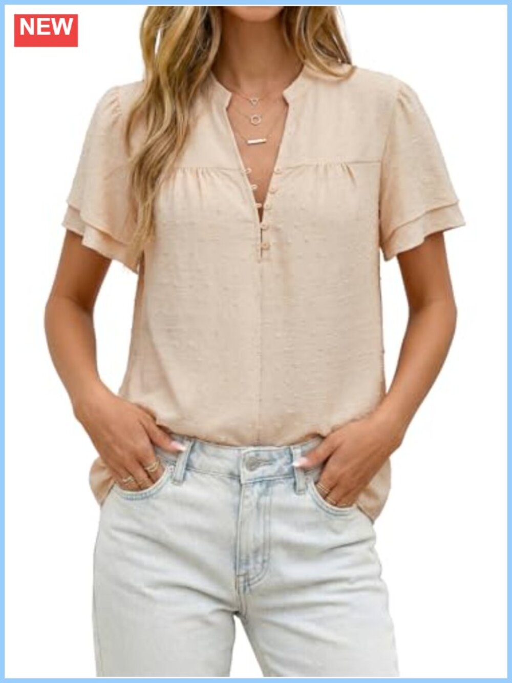 Women's Swiss Dot Button Down V Neck Short Sleeve Blouse Top